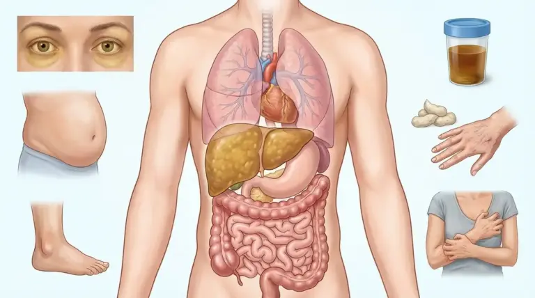 Illustrazione del corpo con fegato evidenziato e possibili sintomi: occhi giallastri, gonfiore addominale, edema e urine scure
