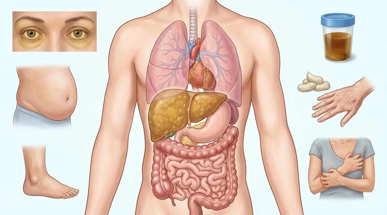 Illustrazione del corpo con fegato evidenziato e possibili sintomi: occhi giallastri, gonfiore addominale, edema e urine scure
