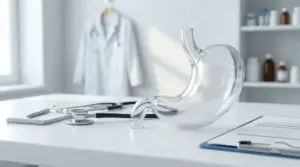 Modello trasparente di stomaco su una scrivania medica con stetoscopio e documenti in ambulatorio
