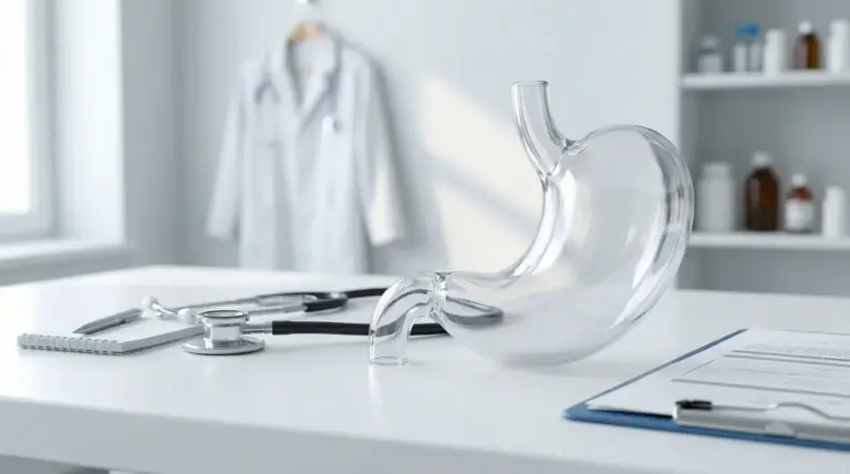 Modello trasparente di stomaco su una scrivania medica con stetoscopio e documenti in ambulatorio