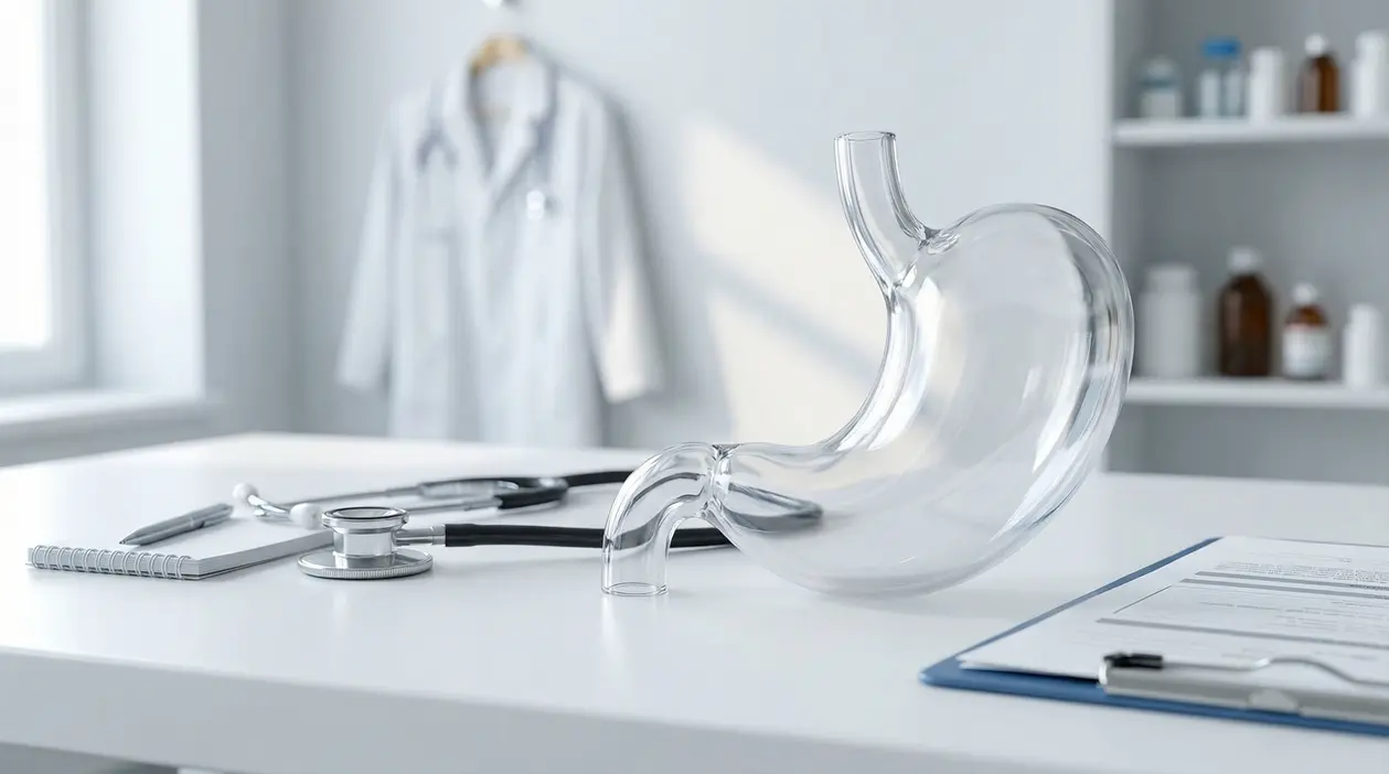 Modello trasparente di stomaco su una scrivania medica con stetoscopio e documenti in ambulatorio