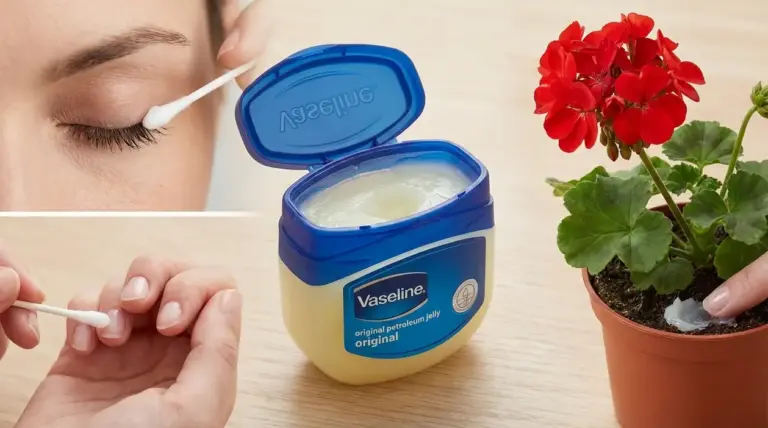 Vasetto di vaselina aperto con applicazioni: persona che la stende sulle ciglia e mano che la usa su una pianta in vaso