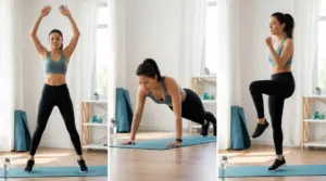 Persona che esegue esercizi cardio a casa: jumping jack, plank e ginocchia alte su tappetino fitness