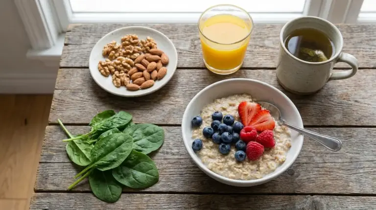 Colazione sana con porridge ai frutti di bosco, spinaci, mandorle, noci, succo d'arancia e tè