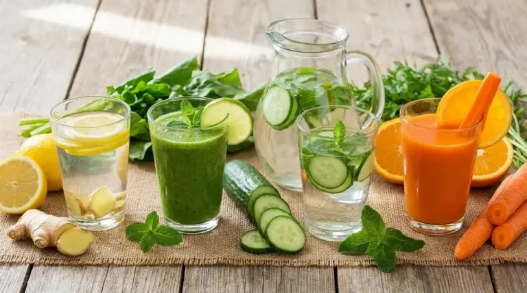 Quattro bevande naturali con limone, zenzero, cetriolo, menta e carota su un tavolo di legno