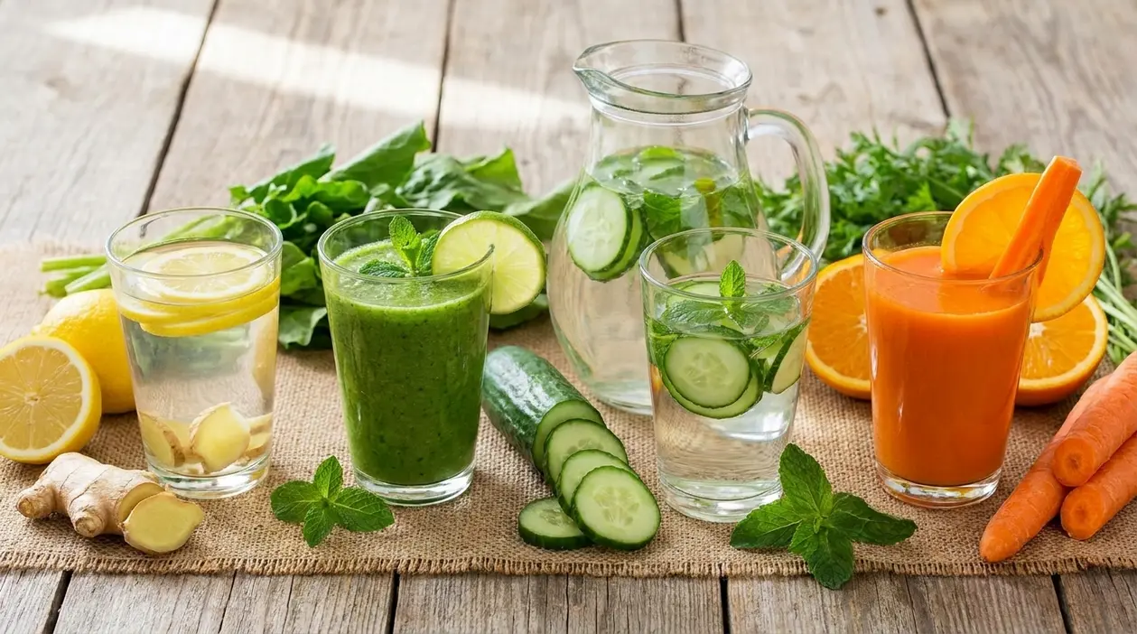 Quattro bevande naturali con limone, zenzero, cetriolo, menta e carota su un tavolo di legno