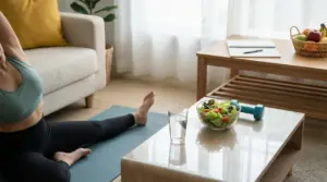 Persona che si allunga su un tappetino yoga in salotto, con insalata, acqua e manubrio sul tavolino