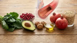 Spinaci, avocado, frutti rossi, noci, olio e melograni con illustrazione di arteria su tavolo in legno