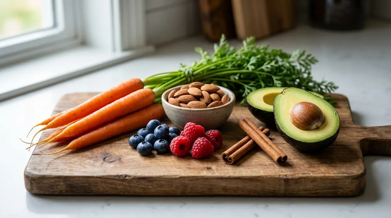 Carote, mandorle, avocado e frutti di bosco su un tagliere, alimenti utili per ridurre la voglia di dolci