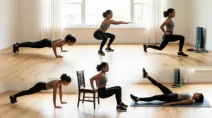 Persona che esegue esercizi a corpo libero in casa: push-up, squat, affondo, plank, dip su sedia e sollevamento gambe