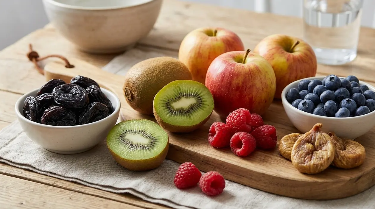 Selezione di frutta ricca di fibre con prugne secche, kiwi, mele, mirtilli, lamponi e fichi su un tavolo