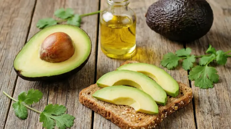 Avocado a metà e fette su pane integrale con una bottiglietta di olio e foglie di coriandolo su tavolo in legno