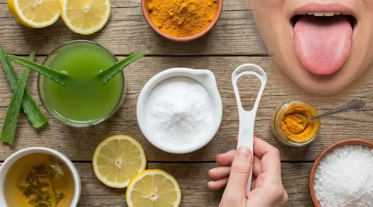 Ingredienti naturali come limone, aloe, bicarbonato e curcuma per rimedi contro la lingua bianca