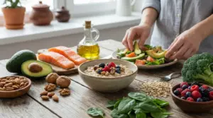 Persona prepara un pasto sano con salmone, avocado, avena, frutti di bosco, frutta secca e olio d’oliva