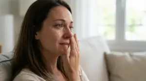 Una persona con le lacrime sul viso si asciuga gli occhi seduta sul divano vicino a una finestra