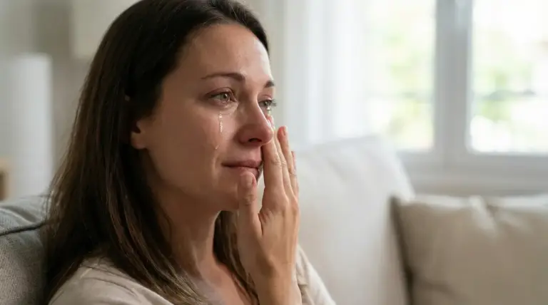 Una persona con le lacrime sul viso si asciuga gli occhi seduta sul divano vicino a una finestra