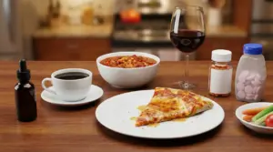 Alimenti e farmaci su un tavolo: pizza, caffè, vino, zuppa e flaconi di pillole, possibili cause di mal di stomaco