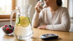Persona che beve acqua al tavolo con caraffa di acqua e limone, frutti di bosco e glucometro in primo piano
