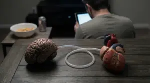 Modelli di cervello e cuore collegati da un tubo su un tavolo, con una persona seduta sul divano che usa un tablet