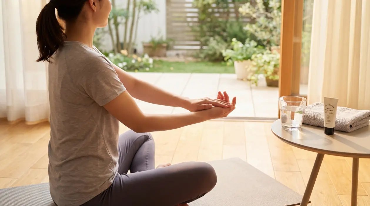 Persona seduta su un tappetino mentre esegue un esercizio mattutino per le mani in casa