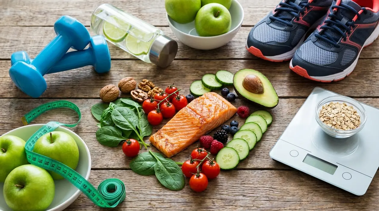 Cibo sano e fitness: salmone, verdure, frutta, manubri, scarpe da corsa e bilancia su tavolo in legno