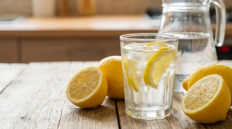 Bicchiere di acqua con fette di limone e ghiaccio su tavolo di legno, con limoni freschi e caraffa sullo sfondo