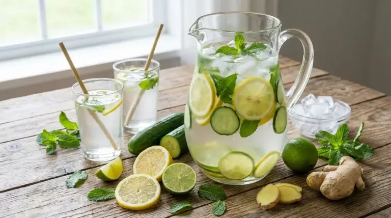 Caraffa di acqua detox con limone, cetriolo, lime, menta e zenzero su tavolo in legno con due bicchieri