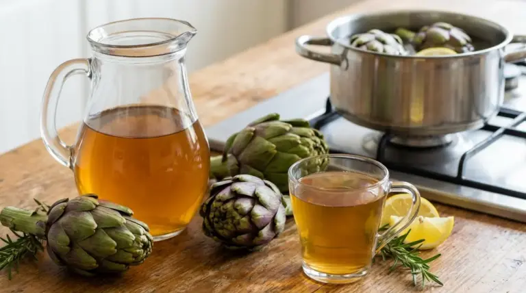Caraffa e tazza di acqua di carciofo su tavolo, con carciofi freschi, limone e pentola sul fornello