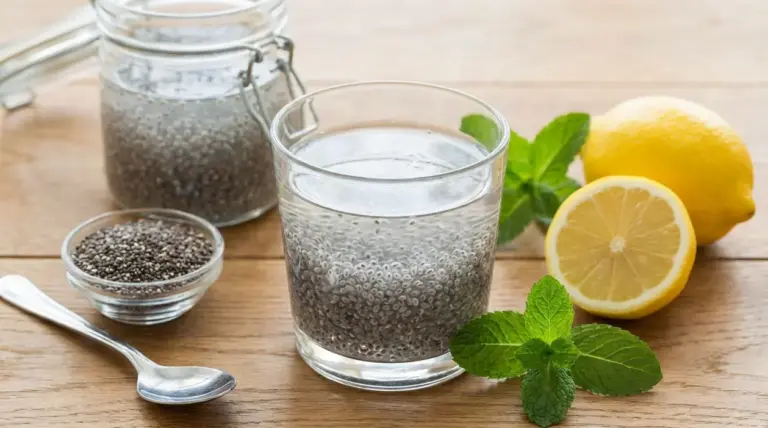 Bicchiere di acqua di chia con semi gelificati, limone e foglie di menta su un tavolo di legno