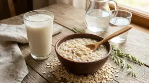 Ciotola di porridge d’avena con cucchiaio e bicchiere di latte su tavolo rustico, con acqua in caraffa