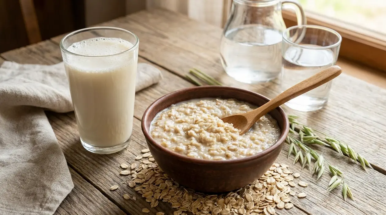 Ciotola di porridge d’avena con cucchiaio e bicchiere di latte su tavolo rustico, con acqua in caraffa