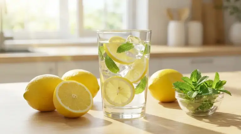Bicchiere di acqua con limone, ghiaccio e menta su un tavolo, con limoni freschi accanto