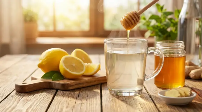 Tazza di acqua calda con miele, limone e zenzero su un tavolo di legno al mattino