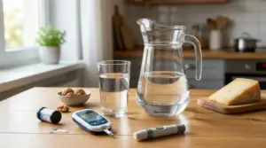 Caraffa e bicchiere d’acqua su un tavolo con glucometro, frutta secca e formaggio in cucina
