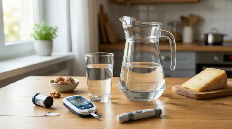 Caraffa e bicchiere d’acqua su un tavolo con glucometro, frutta secca e formaggio in cucina