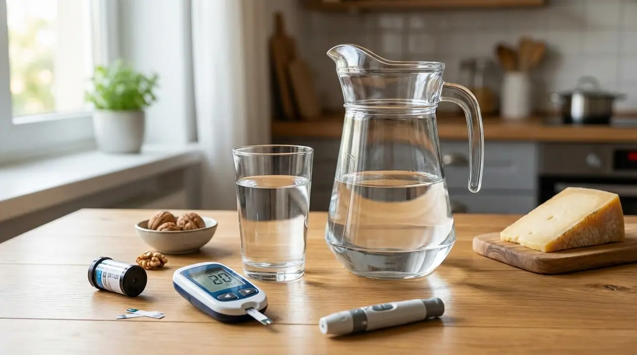 Caraffa e bicchiere d’acqua su un tavolo con glucometro, frutta secca e formaggio in cucina