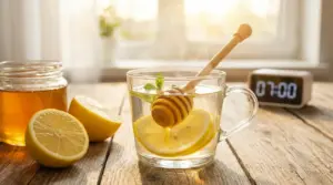 Tazza di acqua tiepida con miele e limone su tavolo in legno, accanto a limoni tagliati e un vasetto di miele