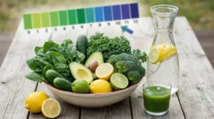 Ciotola con verdure verdi, avocado e agrumi, con acqua al limone e succo verde su tavolo in legno