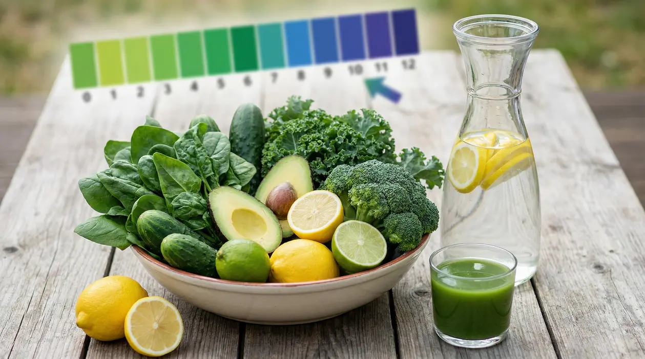 Ciotola con verdure verdi, avocado e agrumi, con acqua al limone e succo verde su tavolo in legno
