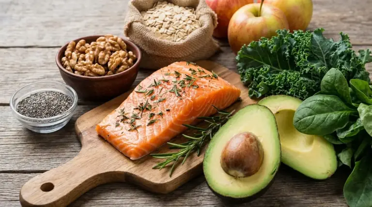 Alimenti utili per il colesterolo alto: salmone, avocado, noci, avena, spinaci e cavolo riccio