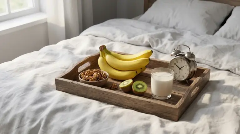 Vassoio sul letto con banane, noci, kiwi, un bicchiere di latte e una sveglia vicino ai cuscini