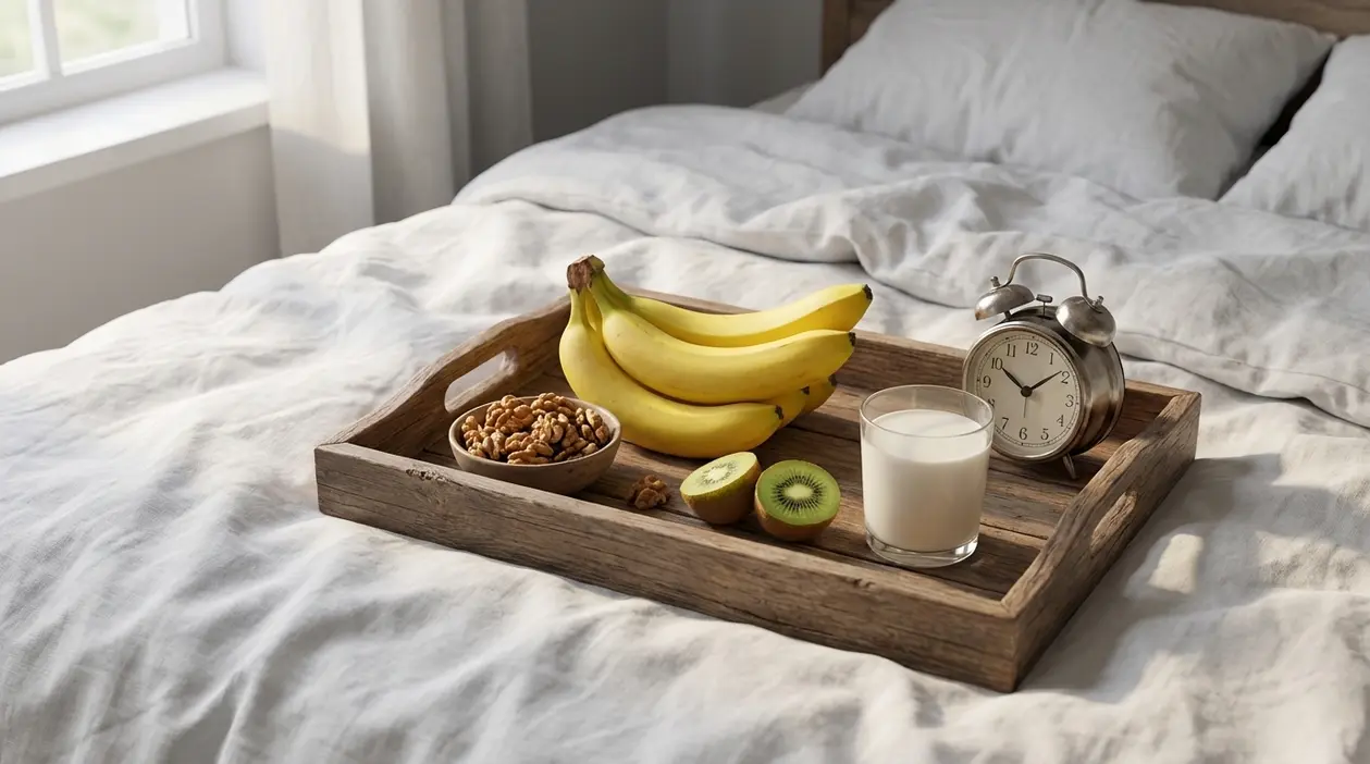 Vassoio sul letto con banane, noci, kiwi, un bicchiere di latte e una sveglia vicino ai cuscini