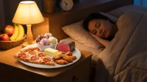 Persona che dorme accanto a un comodino con pizza, gelato, carne e altri cibi pesanti prima di dormire