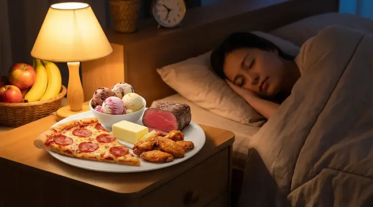 Persona che dorme accanto a un comodino con pizza, gelato, carne e altri cibi pesanti prima di dormire