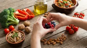 Mani a forma di cuore tra frutti di bosco e alimenti sani come broccoli, pomodori, mandorle e olio d'oliva