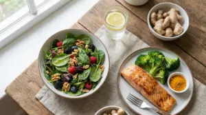Salmone con broccoli, insalata di spinaci con frutti di bosco e noci, acqua con limone e zenzero