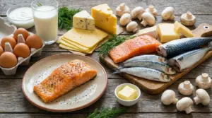 Alimenti ricchi di vitamina D: salmone, sgombro, sardine, uova, latte, formaggi e funghi su un tavolo di legno