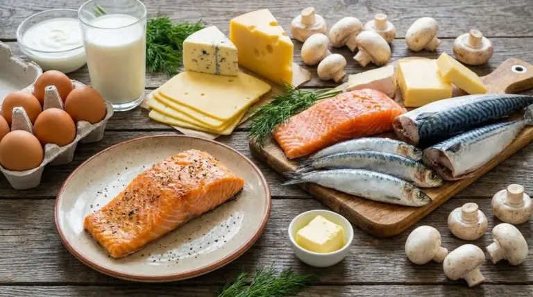 Alimenti ricchi di vitamina D: salmone, sgombro, sardine, uova, latte, formaggi e funghi su un tavolo di legno