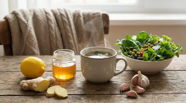 Tisana calda con miele, limone, zenzero, aglio e insalata verde su tavolo in legno, per supportare le vie respiratorie