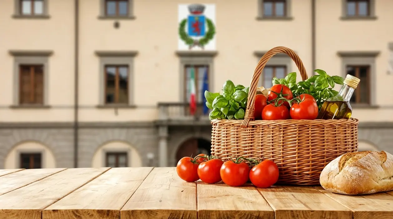 Cestino con pomodori, basilico e olio d'oliva su un tavolo, simbolo di alimentazione mediterranea salutare